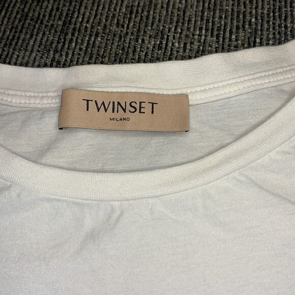 Twinset Milano tee shirt multi print ruffle hem sz small - Picture 10 of 10
